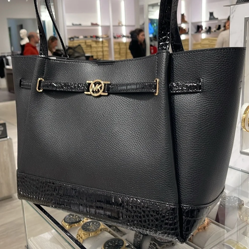 MICHAEL KORS Reed Lg Lthr Belted Satchel Shoulder Handbag  Black Crocodile  NWT